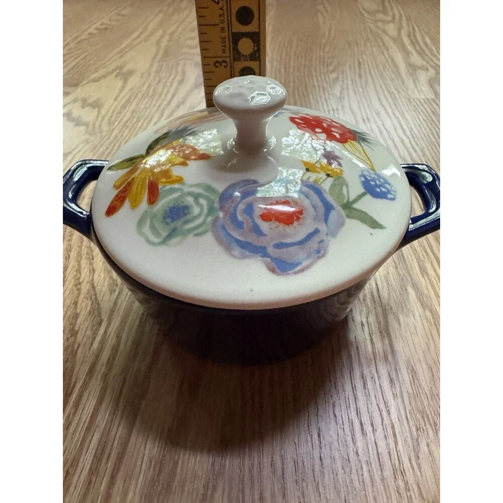 Pioneer Woman Celia Mini Casserole Individual‎ Crock Ceramic Floral Blue & White